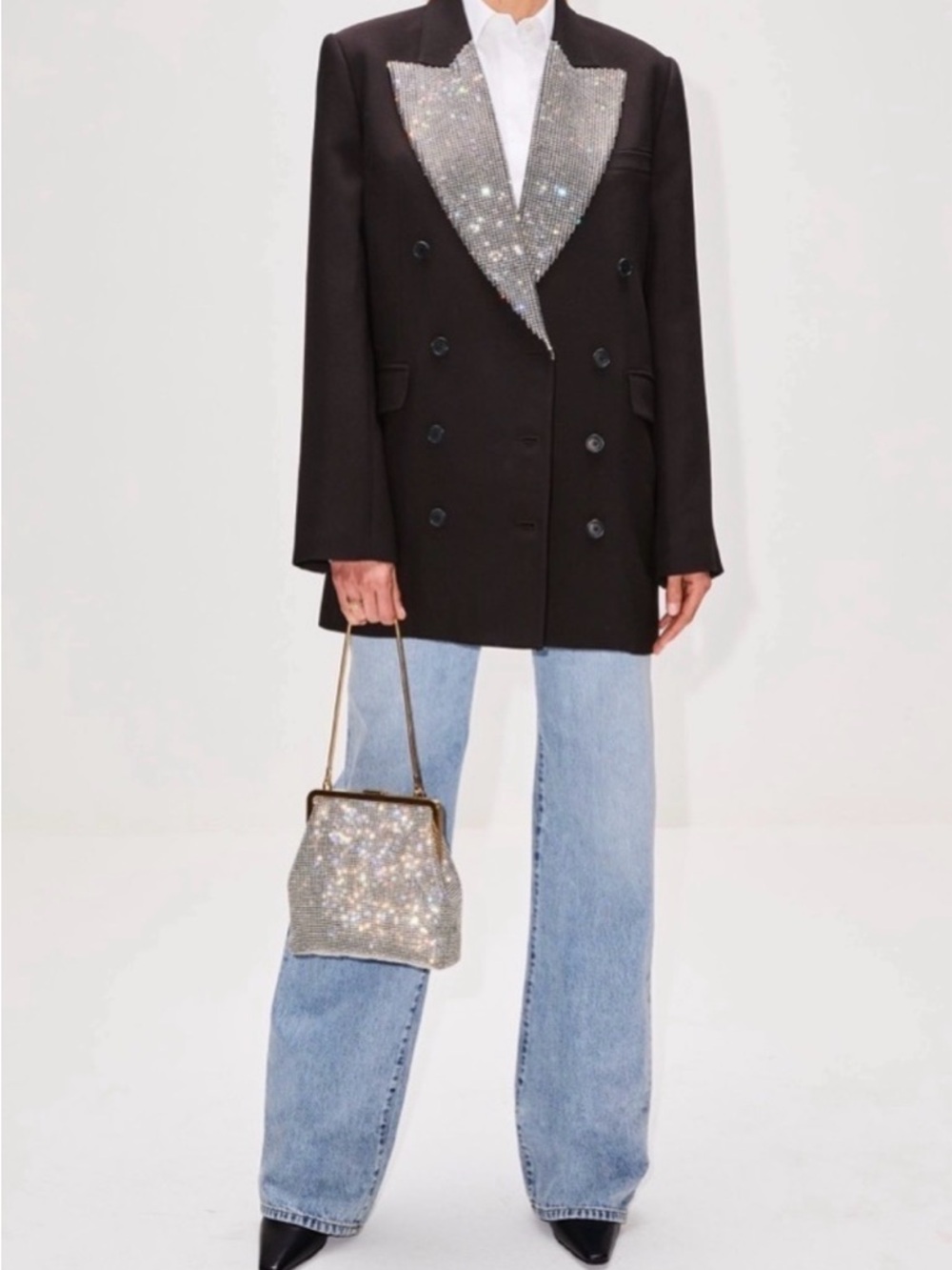 KHAITE BALTON  Black Double-Breasted Blazer with Silver Crystal Lapel